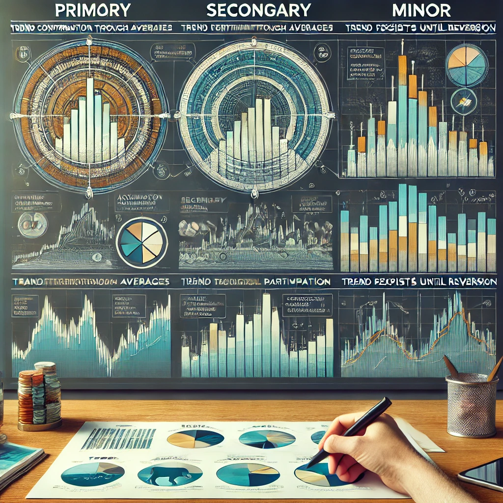 DALL·E 2024-12-12 21.55.36 – A detailed infographic illustrating Dow Theory in financial trading, showing the three types of market trends (primary, secondary, minor) and their re