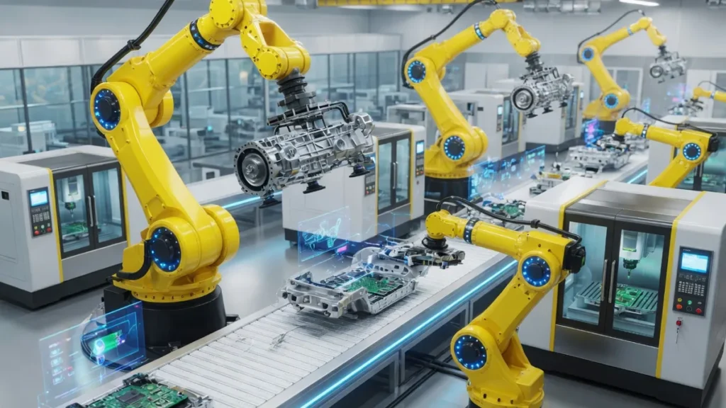 スマート工場で稼働する黄色い産業用ロボットアームとCNC工作機械（ファナックの事業領域イメージ）