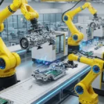 スマート工場で稼働する黄色い産業用ロボットアームとCNC工作機械（ファナックの事業領域イメージ）