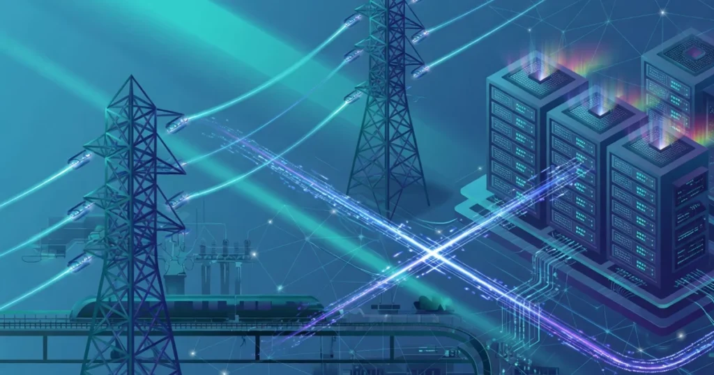 日立製作所の社会インフラ（送電網・データセンター電力・鉄道）とデジタルを象徴するイメージ