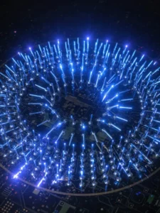 日本マイクロニクスのプローブカードによる半導体ウェハ検査を象徴する高精度なテストピンのイメージ
