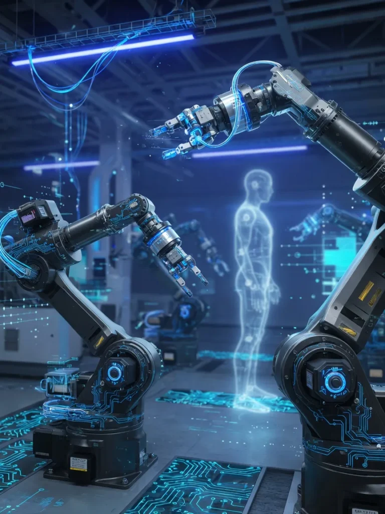 安川電機の産業用ロボットとフィジカルAIを象徴するスマートファクトリーのイメージ