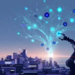 データネットワークとロボットアームで表現した富士通のDXとフィジカルAI戦略のイメージ