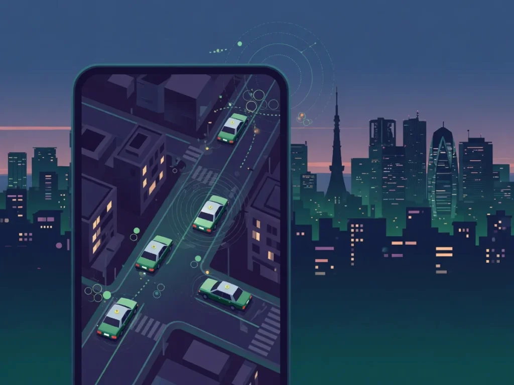 タクシー配車アプリと都市のモビリティ・自動運転を表すイラスト（GO決算分析）