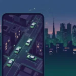 タクシー配車アプリと都市のモビリティ・自動運転を表すイラスト（GO決算分析）