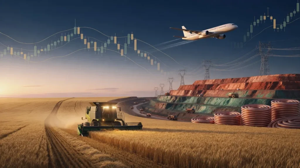 小麦畑とコンバイン・旅客機・銅鉱山と銅コイル・送電線と上昇チャートで表現したバランス型総合商社（丸紅8002）の食料・航空機リース・銅事業のイメージ
