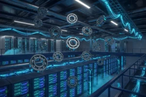 AIデータセンターのサーバーラックと精密ボールベアリングのイメージ（ミネベアミツミ 6479 分析）