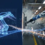 Sim2Real/デジタルツイン: 仮想のロボットアームと実機を光のデータが結ぶ概念図
