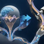 VLAモデル: 視覚・言語・行動が融合しロボットハンドが柔軟ケーブルを掴む概念図
