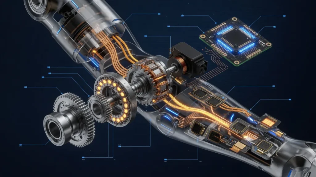 エッジ半導体と身体: ロボット関節の減速機・サーボ・エッジAIチップ・センサーのカットアウェイ図