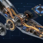 エッジ半導体と身体: ロボット関節の減速機・サーボ・エッジAIチップ・センサーのカットアウェイ図