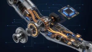 エッジ半導体と身体: ロボット関節の減速機・サーボ・エッジAIチップ・センサーのカットアウェイ図