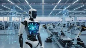 フィジカルAIを象徴する、日本の工場で稼働するヒューマノイドロボットと精密ロボットアーム