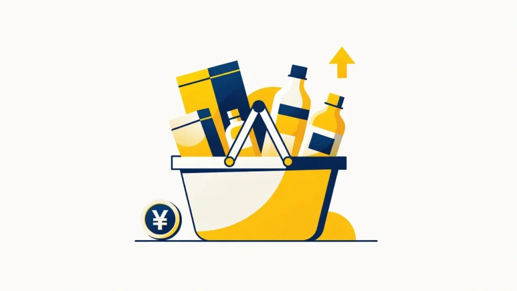 商品で満たされた買い物カゴと上向き矢印・円コインを描いたドンキ・PPIHの月次分析アイキャッチ