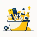 商品で満たされた買い物カゴと上向き矢印・円コインを描いたドンキ・PPIHの月次分析アイキャッチ