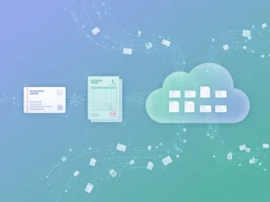 名刺・請求書をAIでデータ化する日本のB2B SaaSを表す抽象イラスト（Sansan決算分析）