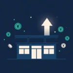 コンビニ店舗と上向き矢印・円コインを描いたセブン&アイの変革・企業価値向上のアイキャッチ