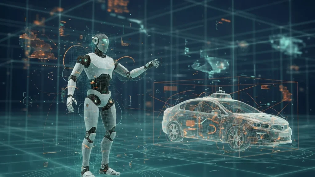 シリコンスタジオのフィジカルAI・Sim2Realを象徴するヒューマノイドロボットと自動運転車のデジタルツイン仮想空間