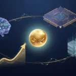 中核の価値とAI脳・半導体チップ・データセンター・上昇カーブで表現したソフトバンクグループのNAVとAI投資ポートフォリオのイメージ