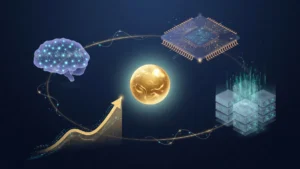 中核の価値とAI脳・半導体チップ・データセンター・上昇カーブで表現したソフトバンクグループのNAVとAI投資ポートフォリオのイメージ