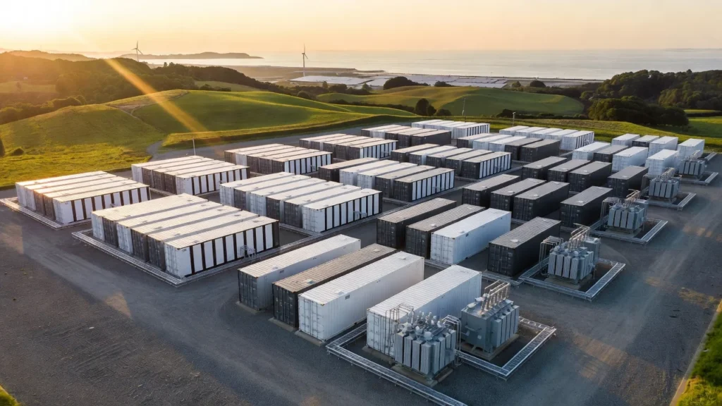 夕暮れの日本の郊外に並ぶ大型系統用蓄電システムのコンテナ群と変圧器、背景に海と風力発電