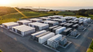 夕暮れの日本の郊外に並ぶ大型系統用蓄電システムのコンテナ群と変圧器、背景に海と風力発電