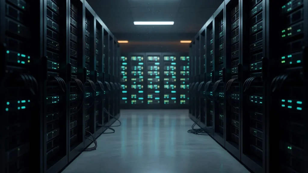 稼働するGPUサーバーラックと電源の落ちたラックが並ぶAIデータセンターの通路。データセクション(3905)のAIインフラ事業のイメージ