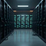 稼働するGPUサーバーラックと電源の落ちたラックが並ぶAIデータセンターの通路。データセクション(3905)のAIインフラ事業のイメージ