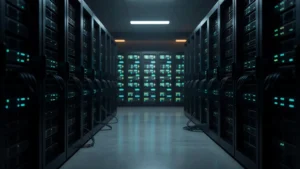 稼働するGPUサーバーラックと電源の落ちたラックが並ぶAIデータセンターの通路。データセクション(3905)のAIインフラ事業のイメージ