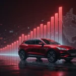 マツダの2027年3月期第1四半期決算分析のイメージ。赤いクロスオーバーSUVと北米市場の業績グラフ