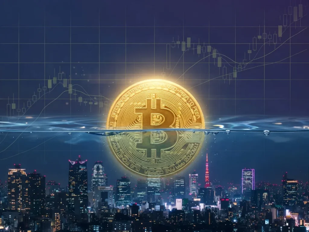 ビットコイン43,000枚を保有するメタプラネット(3350)のmNAV1倍割れを象徴する、東京の夜景と水面下に沈む金色のコイン