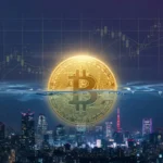 ビットコイン43,000枚を保有するメタプラネット(3350)のmNAV1倍割れを象徴する、東京の夜景と水面下に沈む金色のコイン