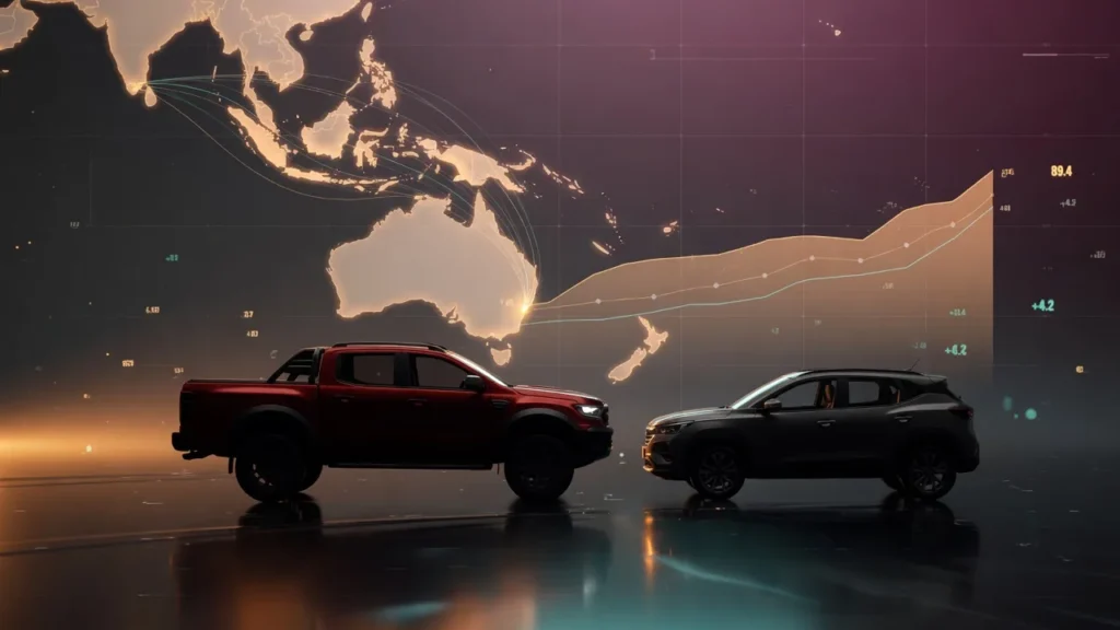 三菱自動車の2027年3月期第1四半期決算分析のイメージ。ピックアップトラックとSUV、東南アジア・オセアニアの地図と業績グラフ