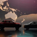三菱自動車の2027年3月期第1四半期決算分析のイメージ。ピックアップトラックとSUV、東南アジア・オセアニアの地図と業績グラフ