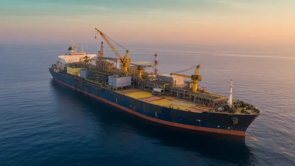 夜明けの外洋に浮かぶFPSO（浮体式海洋石油・ガス生産貯蔵積出設備）のイメージ画像