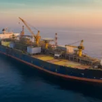 夜明けの外洋に浮かぶFPSO（浮体式海洋石油・ガス生産貯蔵積出設備）のイメージ画像