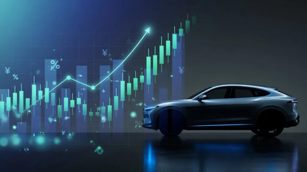 日産自動車の2027年3月期第1四半期決算分析のイメージ。SUVのシルエットと株価チャートのグラフィック