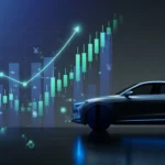 日産自動車の2027年3月期第1四半期決算分析のイメージ。SUVのシルエットと株価チャートのグラフィック