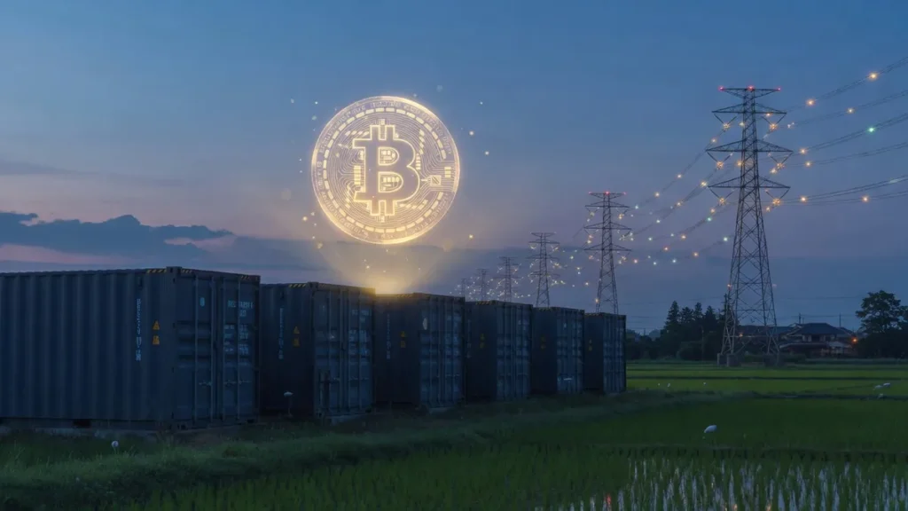 ビットコイン1,501枚と系統用蓄電池を保有するリミックスポイント(3825)を象徴する、夕暮れの送電網と蓄電池コンテナ