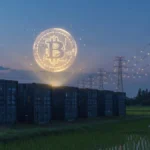 ビットコイン1,501枚と系統用蓄電池を保有するリミックスポイント(3825)を象徴する、夕暮れの送電網と蓄電池コンテナ