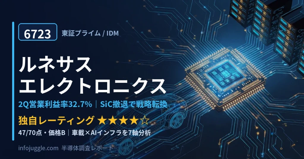 ルネサスエレクトロニクス6723 2026年12月期第2四半期決算の調査レポート アイキャッチ｜Non-GAAP営業利益率32.7%とSiC撤退、独自レーティング★4