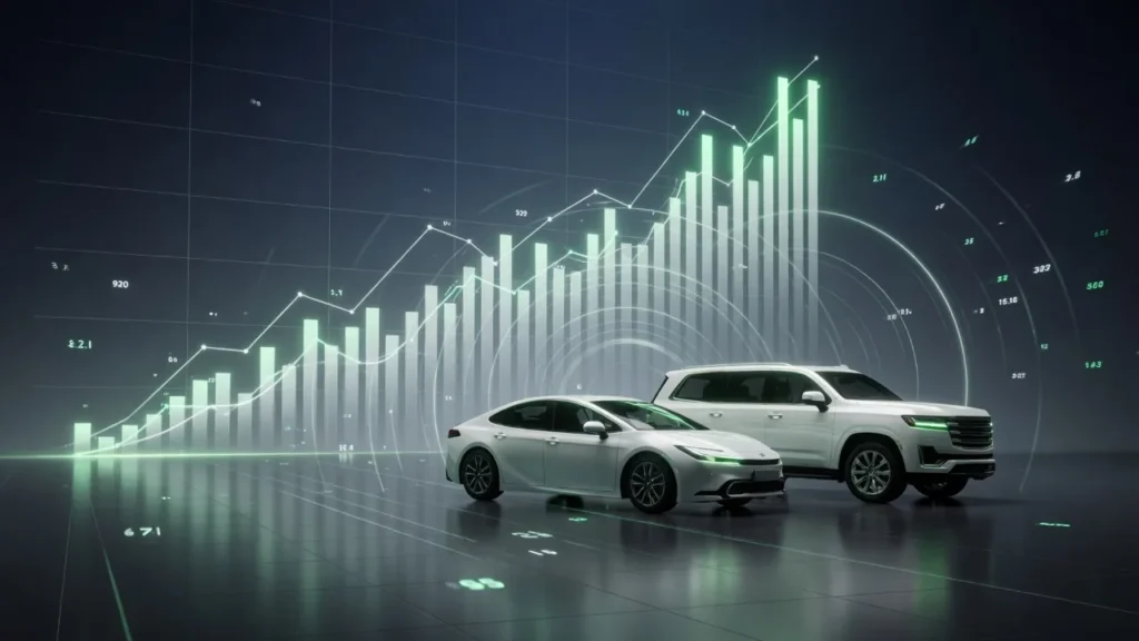 トヨタ自動車の2027年3月期第1四半期決算分析のイメージ。ハイブリッドセダンとSUV、上昇する業績グラフ