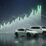 トヨタ自動車の2027年3月期第1四半期決算分析のイメージ。ハイブリッドセダンとSUV、上昇する業績グラフ