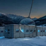 新潟の雪山に並ぶコンテナ型データセンターと調査を象徴する虫眼鏡