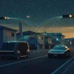 自動運転シャトルとロボタクシーが信号・路側機と通信しながら走る街路のイメージ（自動運転とITSの全体像）