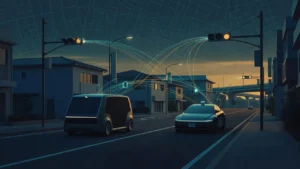 自動運転シャトルとロボタクシーが信号・路側機と通信しながら走る街路のイメージ（自動運転とITSの全体像）