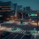 交差点の信号機や路側無線機から車や自動運転シャトルへ電波で情報を送るイメージ（自動運転 ITS編）