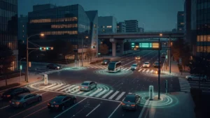 交差点の信号機や路側無線機から車や自動運転シャトルへ電波で情報を送るイメージ（自動運転 ITS編）