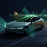 LiDARの点群・レーダー波・カメラの視野で周囲を認識する自動運転車のイメージ（自動運転センサー編）