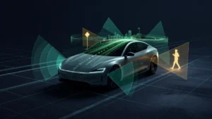 LiDARの点群・レーダー波・カメラの視野で周囲を認識する自動運転車のイメージ（自動運転センサー編）